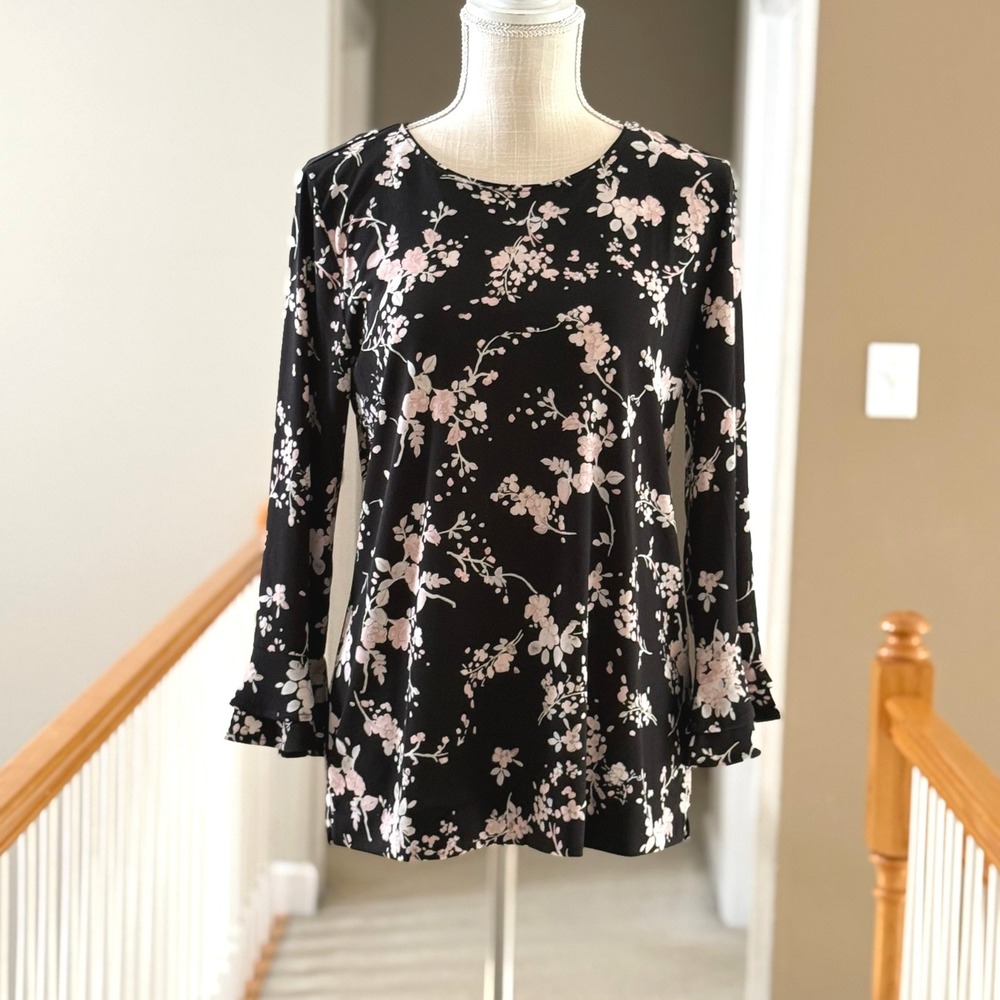 Karl‎ Lagerfeld Paris Womens Black Pink Floral Bell Sleeve Blouse Top Small